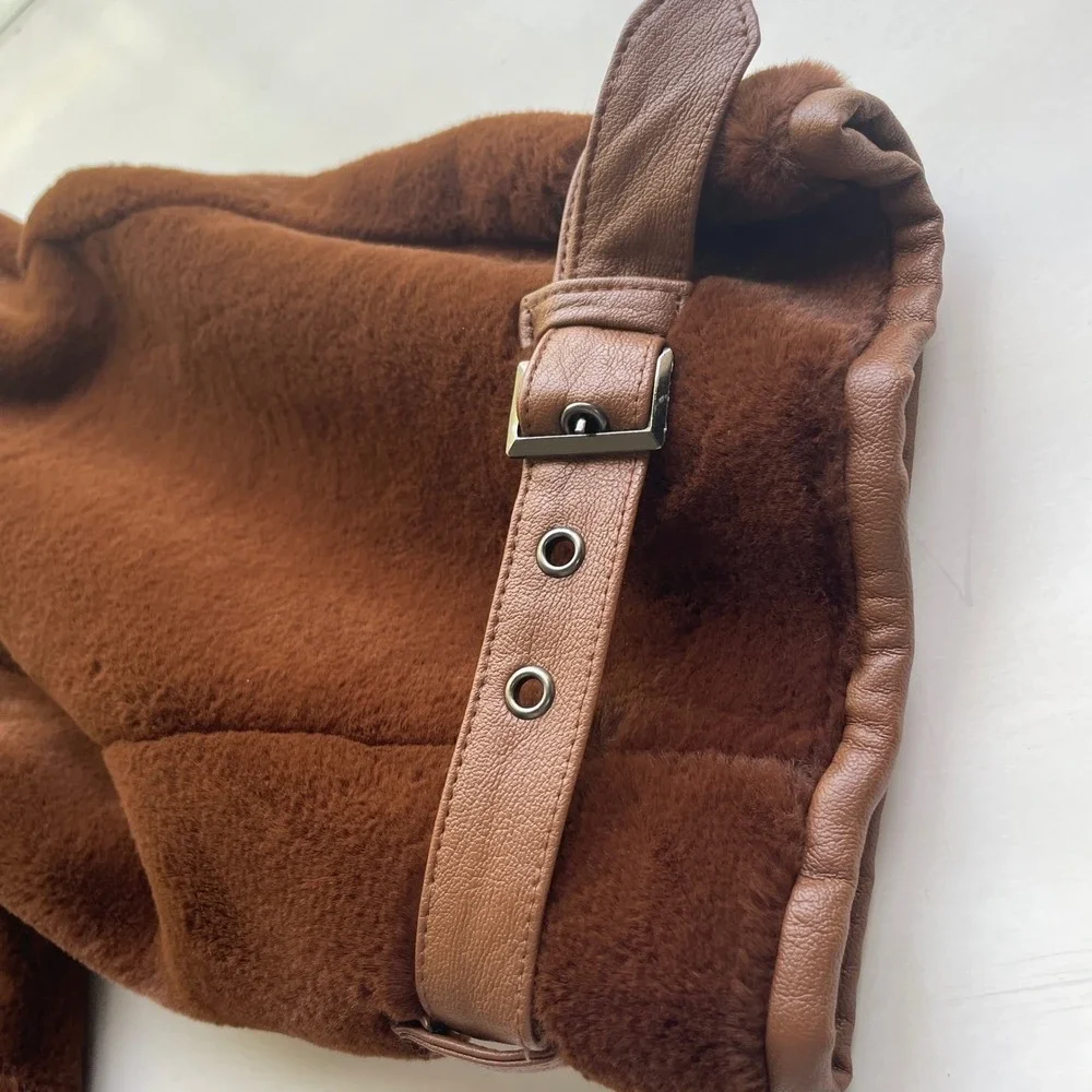 Nasty Gal Motorcycle Jacket 6 Chocolate‎ Brown Teddy Oversized Cropped Faux Fur